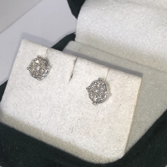 Natural Diamond Solid 14K White Gold Round Disc Cluster Stud Earrings Unisex - Picture 8 of 14